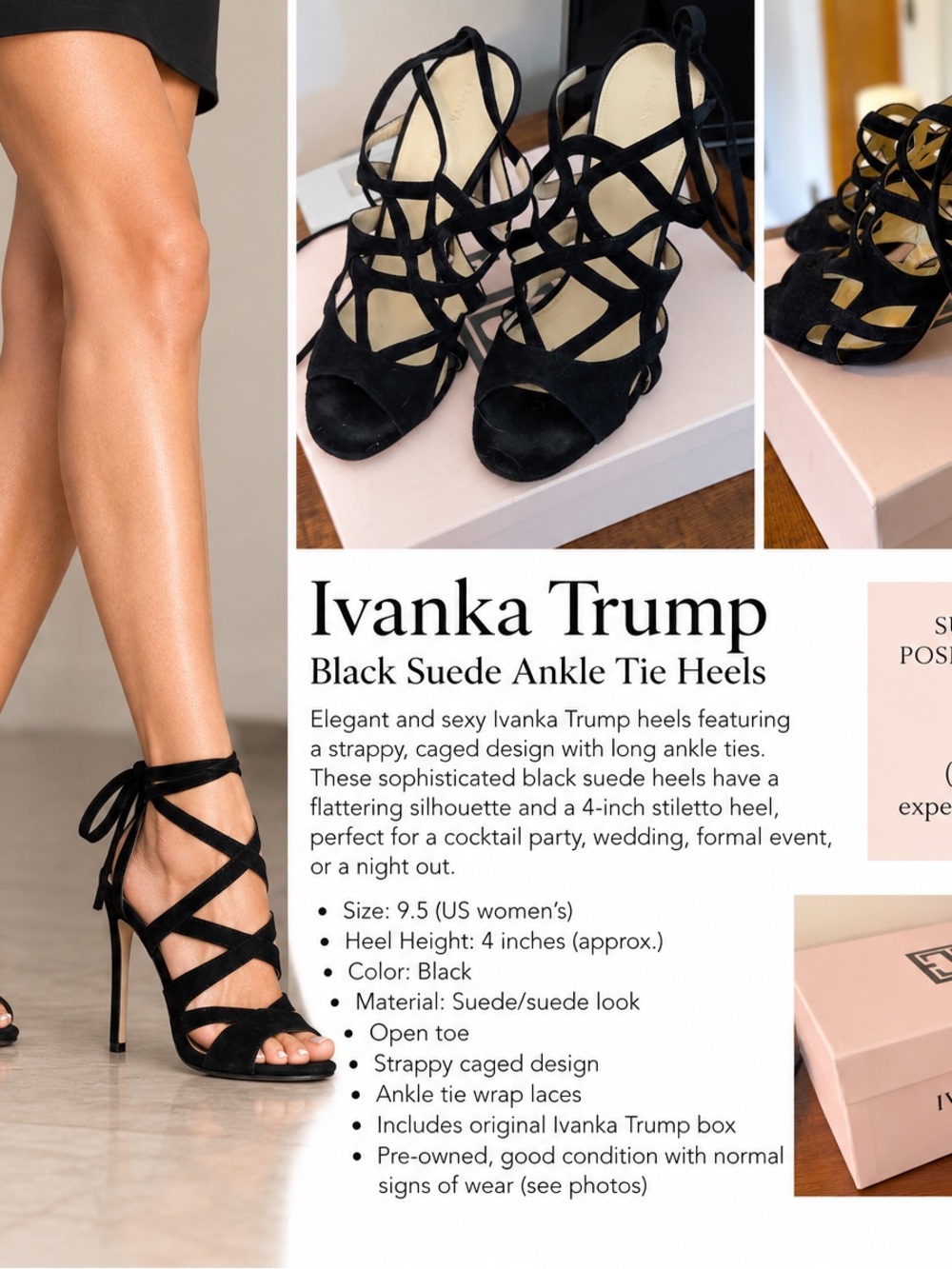 Ivanka Trump Black Strappy Suede Open-Toe Heels with Ankle Wrap